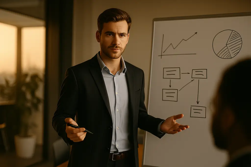 Hombre profesional joven con expresión confiada, símbolo de soluciones empresariales personalizadas