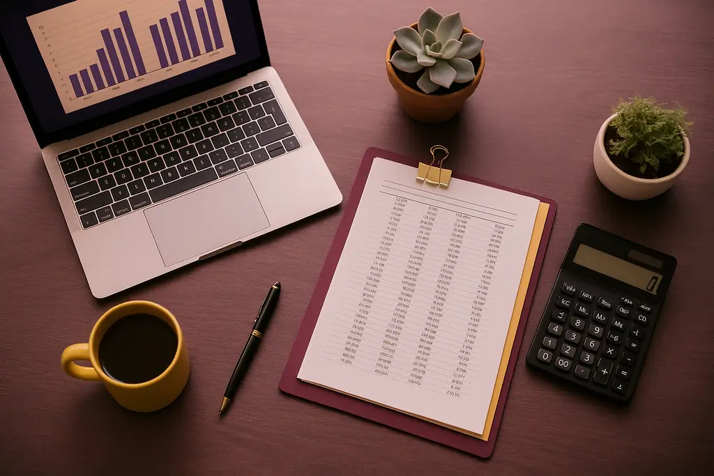 Espacio de trabajo con ordenador, calculadora y documentos contables bajo una luz cálida y organizada
