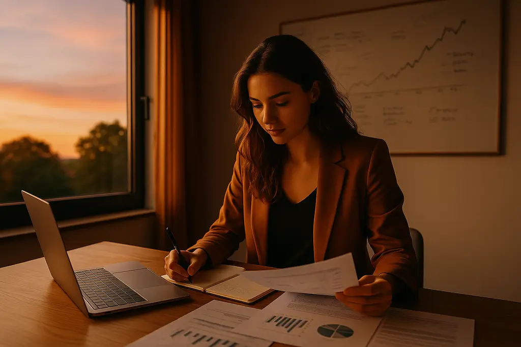 Mujer joven con portátil planificando su negocio, símbolo de emprendimiento y financiación de proyectos