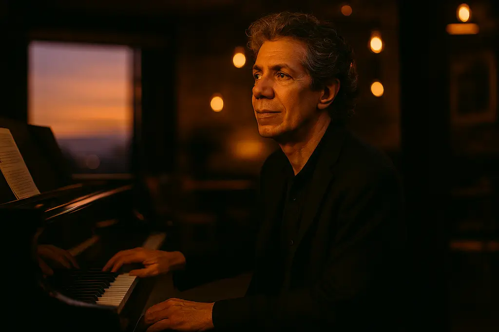 Músico maduro con estilo jazzístico, retrato profesional en tonos cálidos