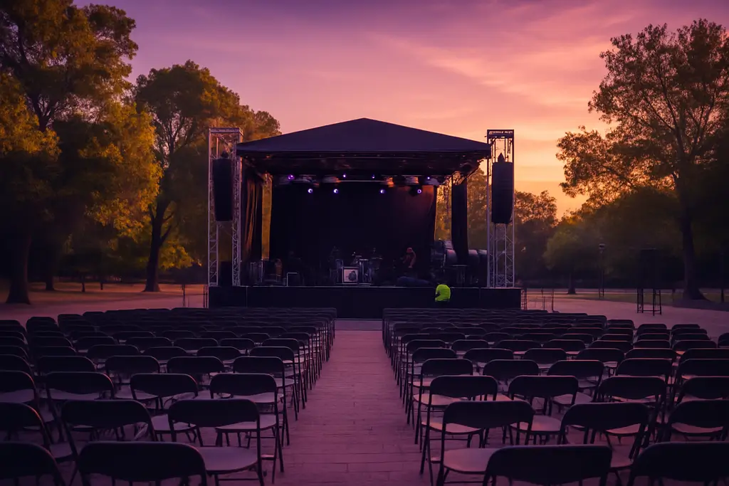 Escenario al aire libre en un parque con sillas y preparativos para un evento al atardecer sin público