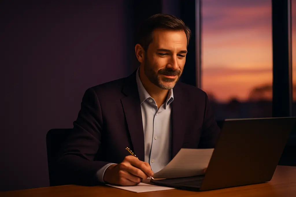 Asesor inmobiliario revisando documentos durante el atardecer en una oficina profesional de Motila Producciones