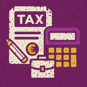 Icono asesoría fiscal laboral y contable con calculadora, declaración y símbolo del euro