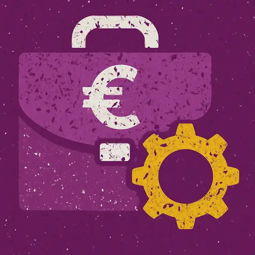 Icono gestión de pymes y autónomos con maletín, engranaje y símbolo del euro