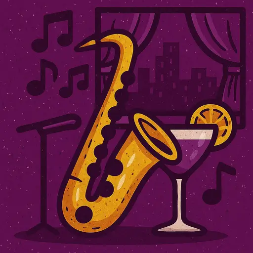 Icono jazz para eventos con saxofón dorado, copa y notas musicales