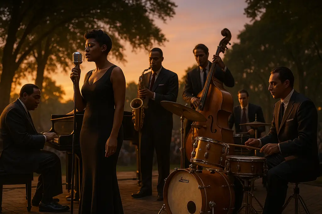 Quinteto de jazz en directo con Ella Fitzgerald, Duke Ellington, Charlie Parker, Ray Brown y Gene Krupa al atardecer