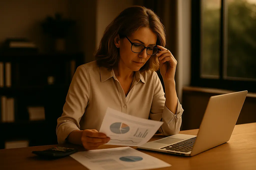 Mujer profesional revisando documentos fiscales en su oficina