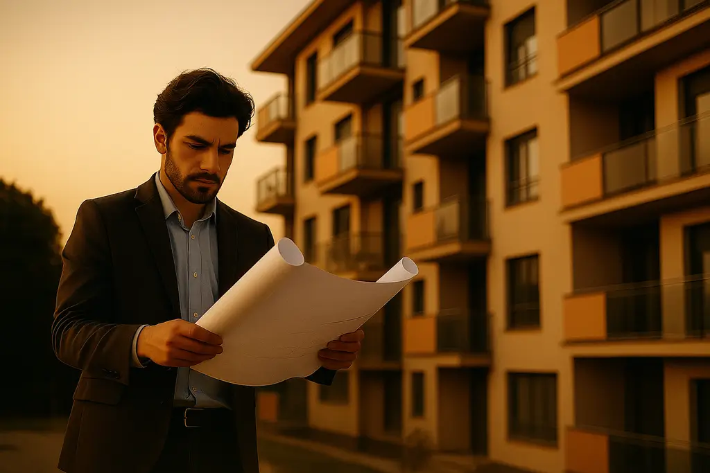 Hombre joven revisando planos frente a edificio de viviendas al atardecer – Gestión Inmobiliaria Integral