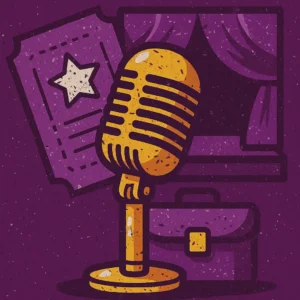 Icono producción de eventos y gestión de espacios con micrófono, escenario y ticket