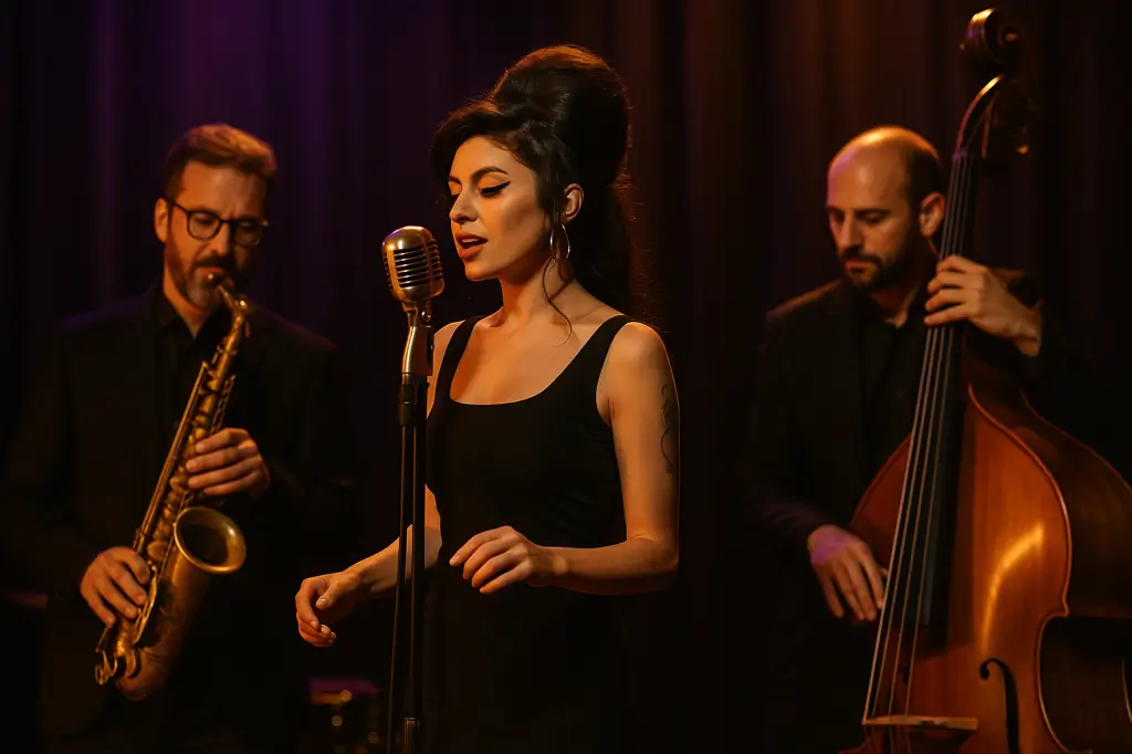 Trío de jazz actuando en directo con cantante, saxofonista y contrabajista bajo luces cálidas y fondo morado